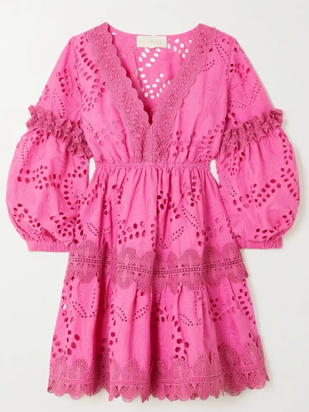 Waimari Hot Pink Eyelet Mini Dress with Puff Sleeves and Scalloped Trim